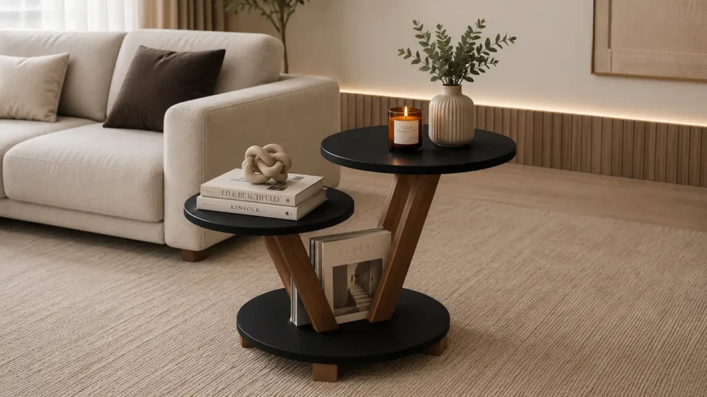 Multi-tier architectural side table with matte black circular shelves and diagonal wooden supports next to a beige couch.