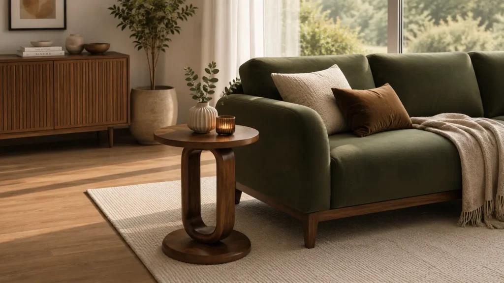 Luxury round walnut pedestal table with a hollow loop oval base styled next to an olive green velvet couch.