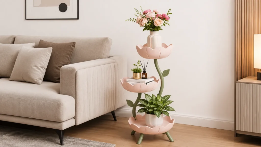 Whimsical modern pink lotus-shaped tiered plant stand and side table next to a luxury beige living room couch.