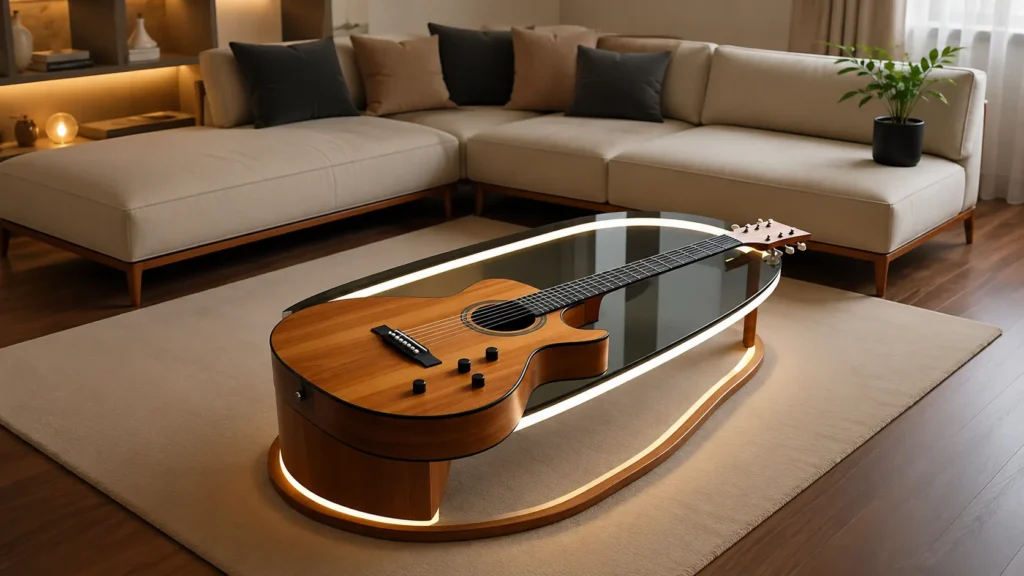 Illuminated guitar shaped sculptural coffee table with integrated LED lighting under an oval glass top in a modern luxury living room