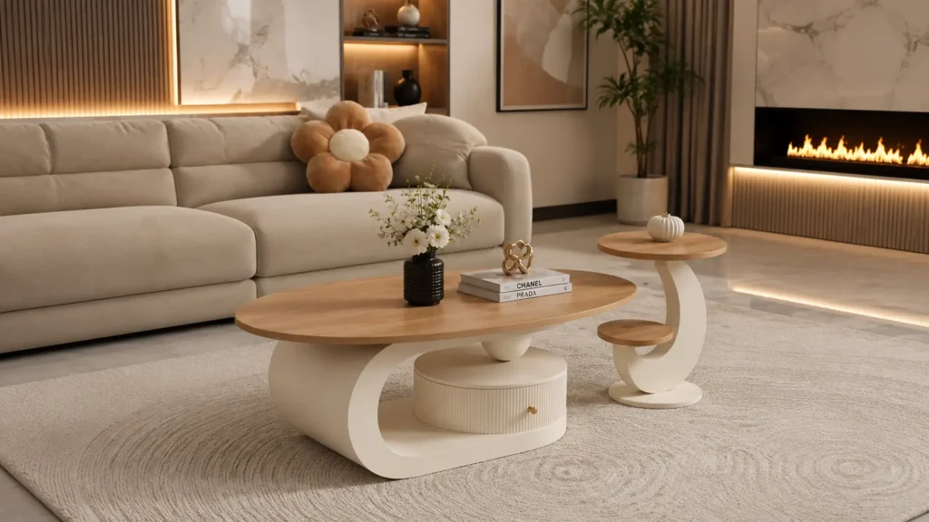 Asymmetric cream and oak wood sculptural coffee table set featuring clean serpentine architectural lines in a contemporary living room
