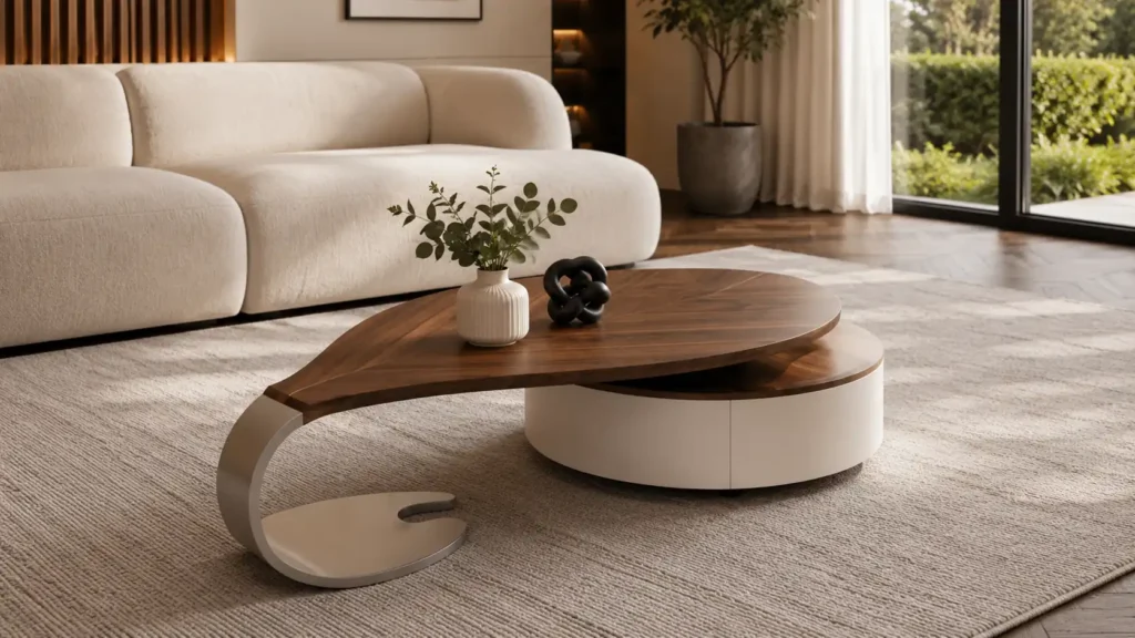 Modern teardrop shaped walnut sculptural coffee table supported by a brushed silver metallic ribbon base and cream storage unit