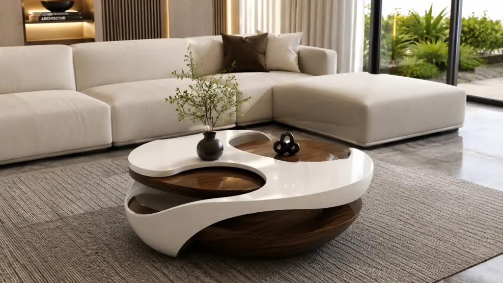 Monochromatic yin yang inspired white lacquered and dark wood sculptural coffee table in a premium open plan residential space