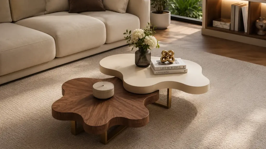 Nested amorphic ivory and rich oak wood sculptural coffee table set showcasing soft cloud like organic shapes