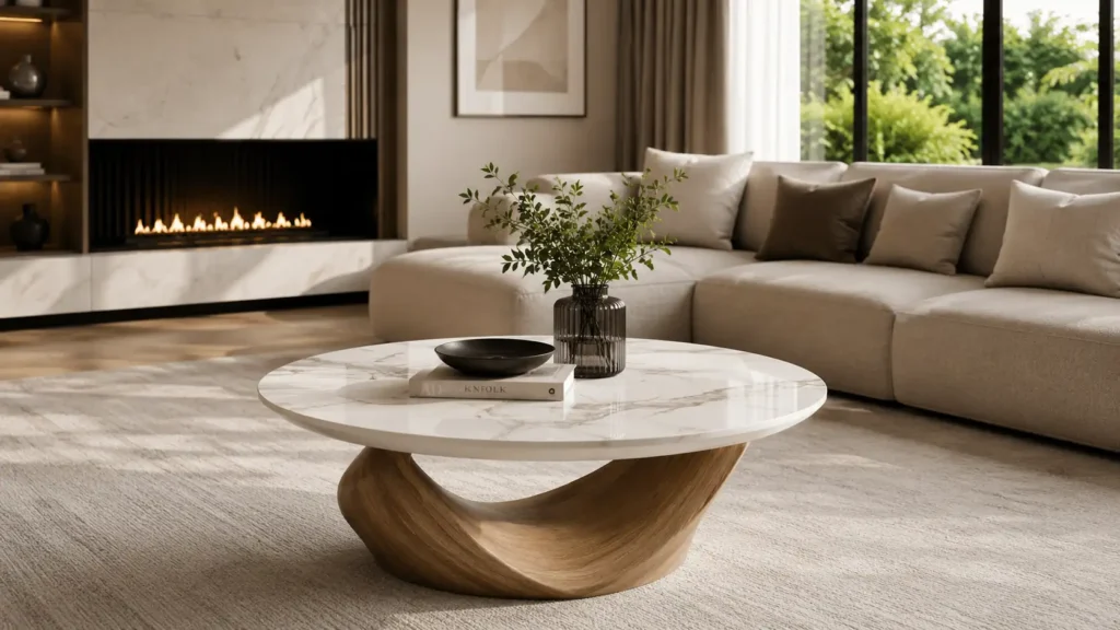 Premium white Calacatta marble sculptural coffee table supported by a beautifully curved natural oak wave base