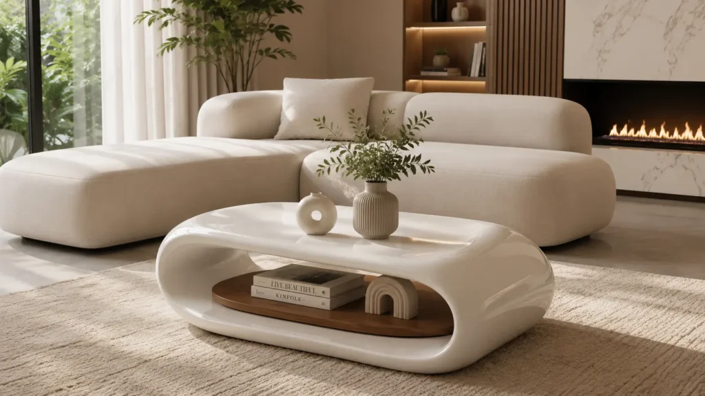 High gloss white capsule shaped sculptural coffee table featuring an interior hollow walnut storage shelf
