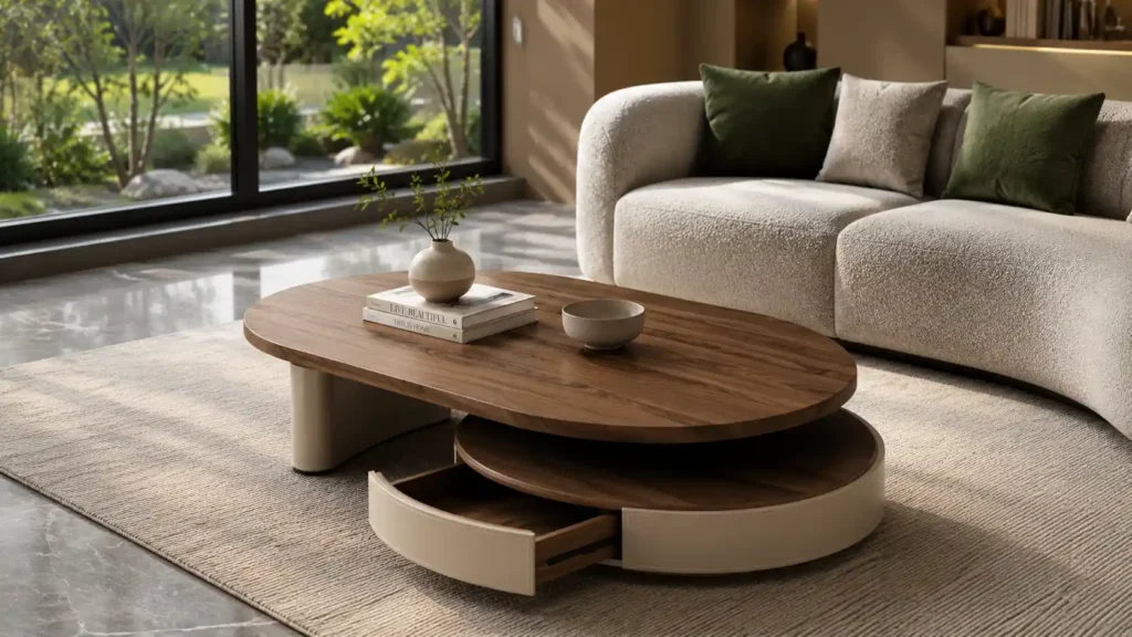 Multi-tiered walnut and cream sculptural coffee table with an integrated curved storage drawer in a luxury living room