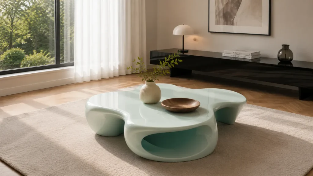 High gloss pastel mint green amorphic clover shaped sculptural coffee table with open hollow base storage