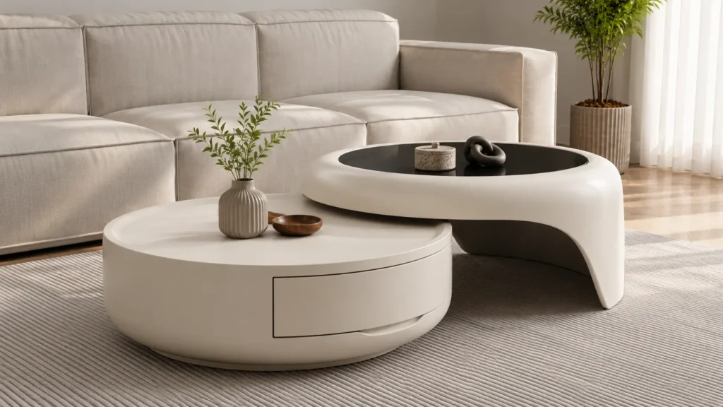 Nested ivory sculptural coffee table set featuring a dark smoked glass top inset and a matching round storage drawer