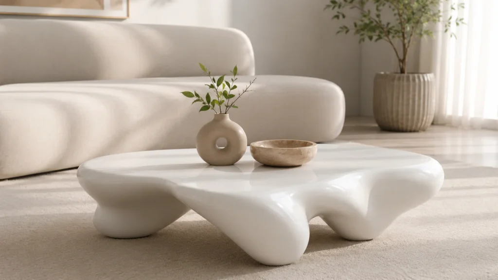 Glossy white liquid wave shaped sculptural coffee table with soft undulating legs in a minimalist residential space