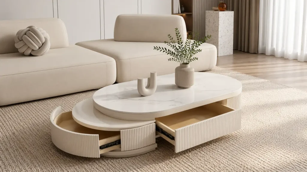 Luxury white stone top sculptural coffee table featuring a fluted cream base with dual swinging pivot drawers