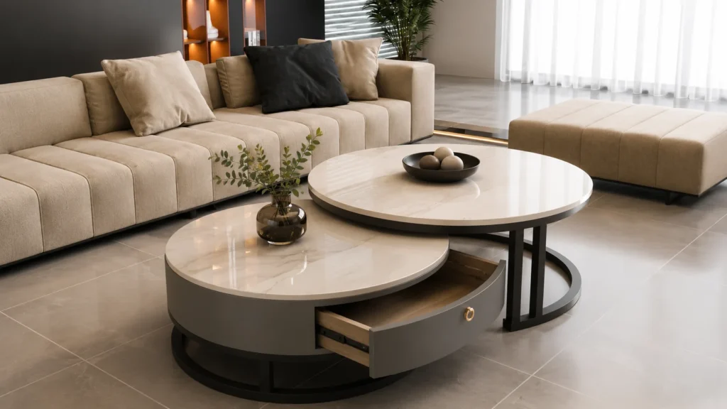 Industrial modern nested sculptural coffee table pairing with matte black steel framing and a grey lacquer storage drawer