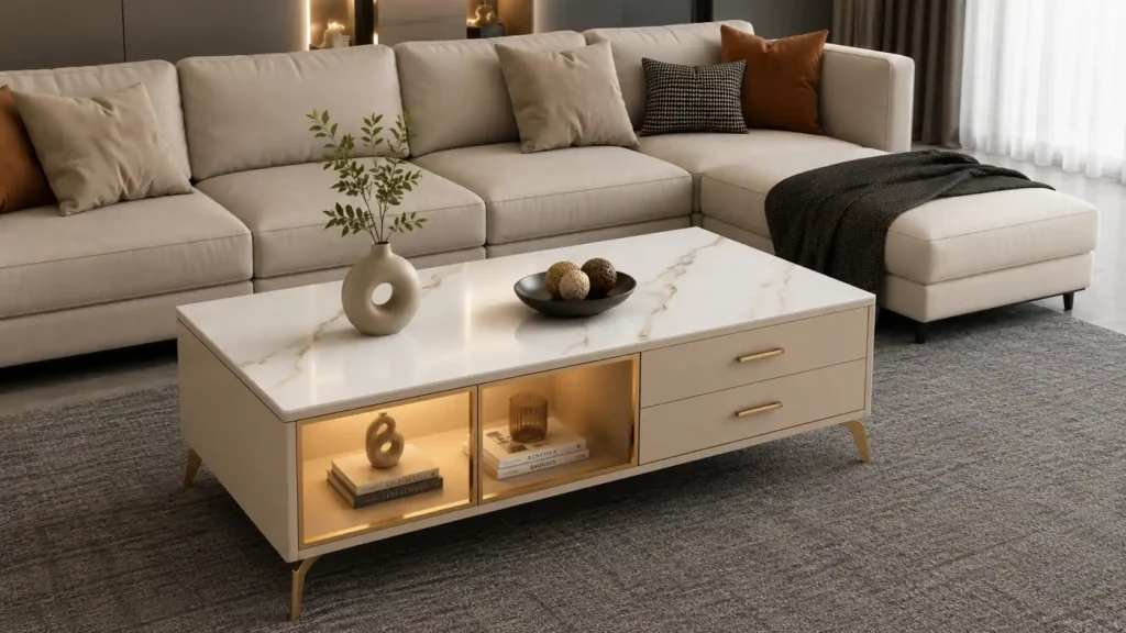 Rectangular cream sculptural coffee table with a veined marble top, golden accents, and integrated LED backlit display niches