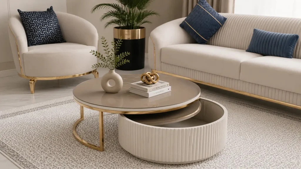 Brushed champagne gold orbital sculptural coffee table with a textured cream ribbed base drum storage unit