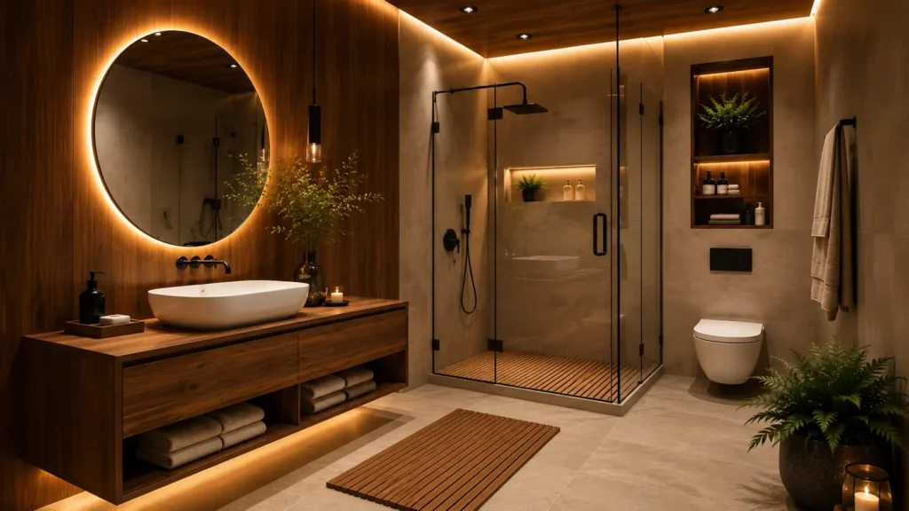Japanese spa-inspired bathroom remodel featuring warm teak wood paneling, slatted wooden shower mat, oversized round LED mirror, and floating vanity.
