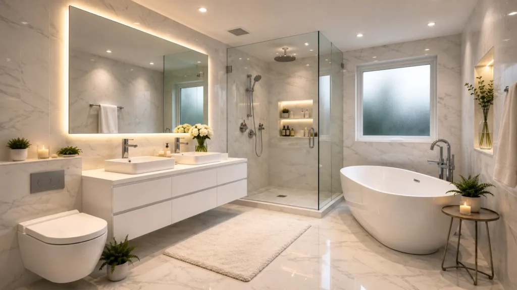 Bright white master bathroom remodel featuring Calacatta marble walls, floating dual sink vanity, full-width backlit mirror, and glass shower enclosure.