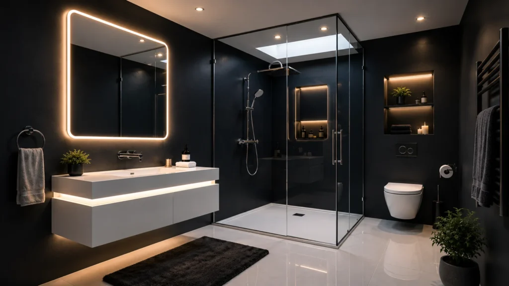Contemporary matte black bathroom remodel with floating white vanity, soft perimeter glow lighting, frameless glass shower under ceiling skylight.