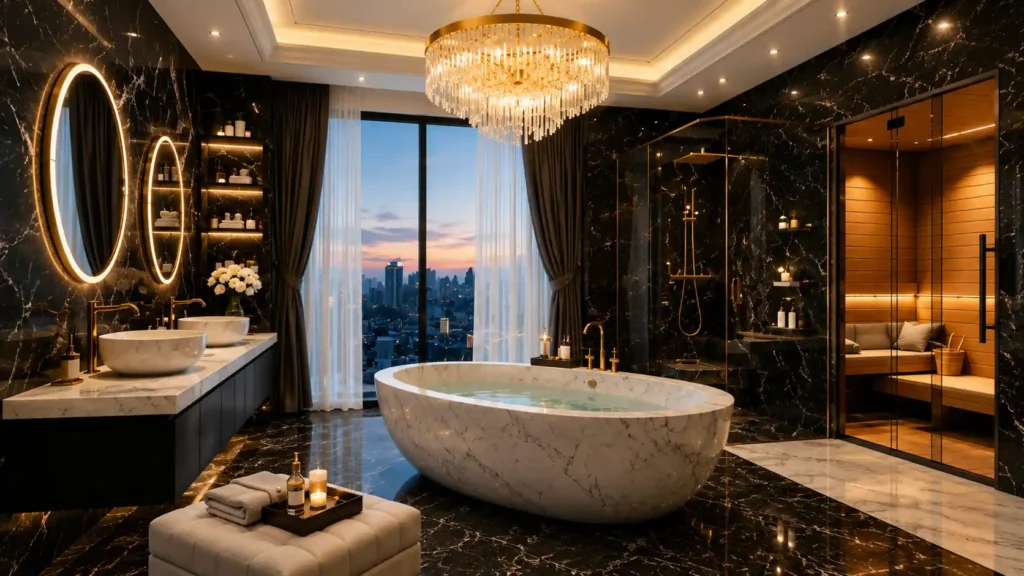 High-end luxury penthouse bathroom remodel with black marble floors, chandelier lighting, marble soaking tub, dual vanity, and integrated glass sauna.