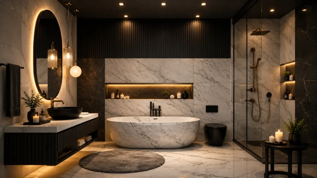 Master bathroom remodel featuring fluted wood accent wall, white marble bathtub, dark floating vanity, circular illuminated mirror, and glass walk-in shower.