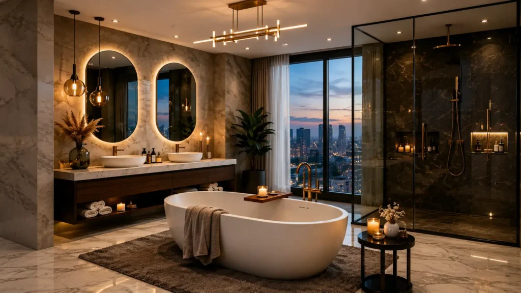  Luxury urban penthouse bathroom remodel with city skyline views, double oval illuminated mirrors, freestanding tub, and brass accents.