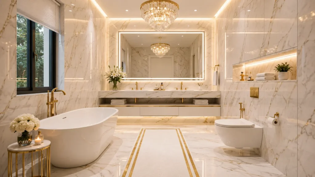 Luxury master bathroom remodel with cream vein-cut marble, large backlit rectangular mirror, crystal chandelier, double vanity, and freestanding soaking tub.