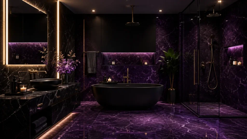 High-end dark bathroom remodel with deep purple veined marble walls, black vessel sink, matte black soaking tub, and moody LED backlight accenting.
