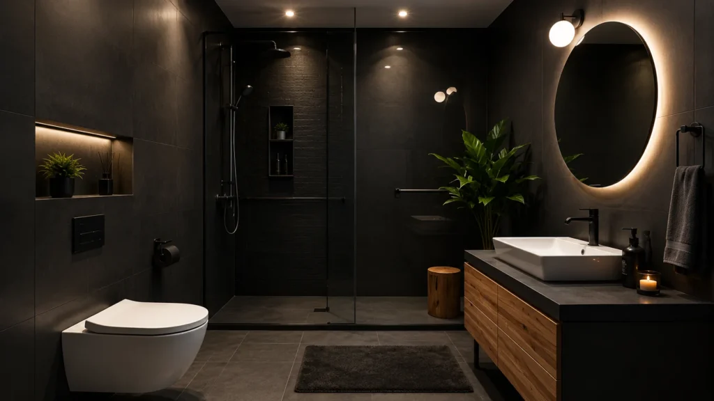 Contemporary minimalist bathroom remodel featuring dark matte walls, floating wood vanity with white vessel sink, backlit circular mirror, and wall-hung toilet.