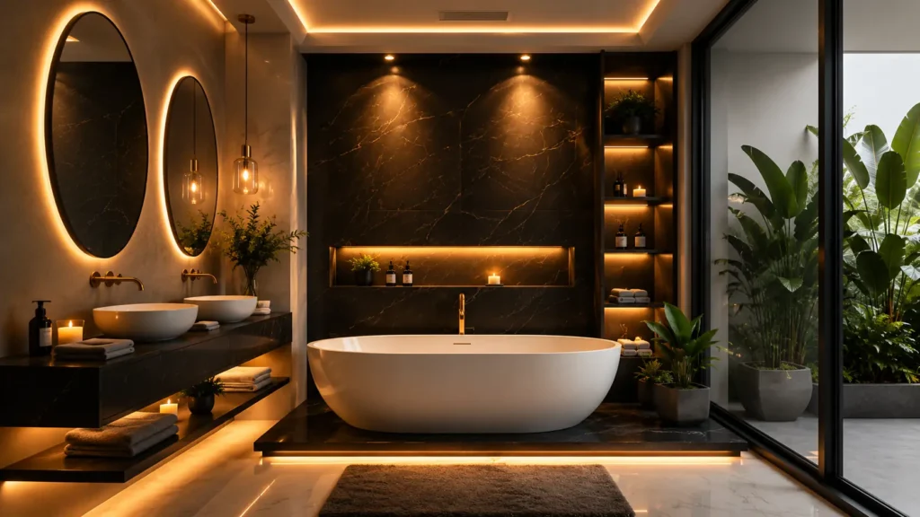Zen-inspired luxury bathroom remodel with raised tub platform, double floating vanity, twin oval LED mirrors, warm cove lighting, and floor-to-ceiling glass garden view.