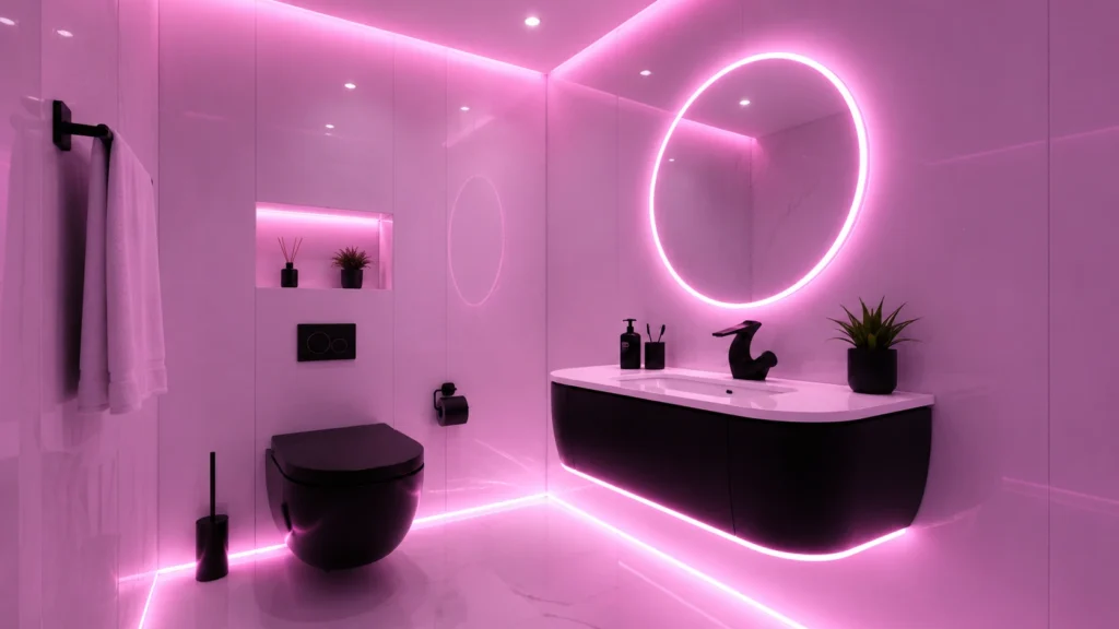 Futuristic modern bathroom remodel featuring vibrant magenta LED strip lighting, curved black floating vanity, circular illuminated mirror, and matte black toilet.
