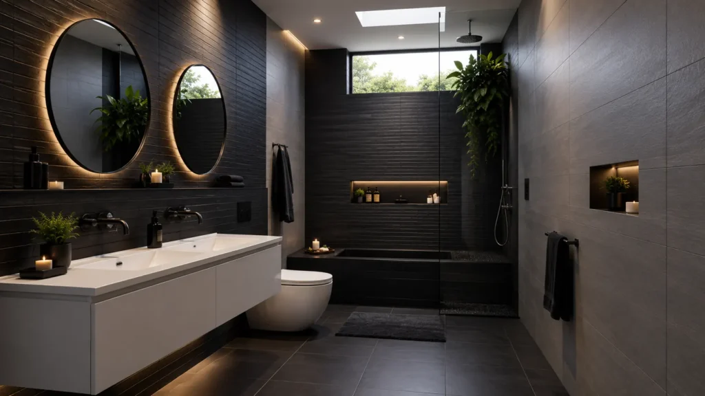 Modern dark grey bathroom remodel with dual oval backlit mirrors, floating white double vanity with sinks, drop-in black tub, skylight, and indoor hanging plants.