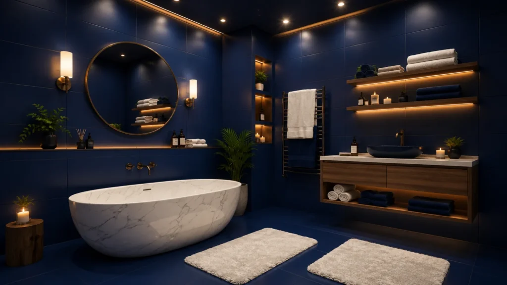Luxurious deep blue bathroom remodel featuring matte blue tiles, marble freestanding bathtub, round brass-framed mirror, floating wood vanity, and gold sconce lighting.