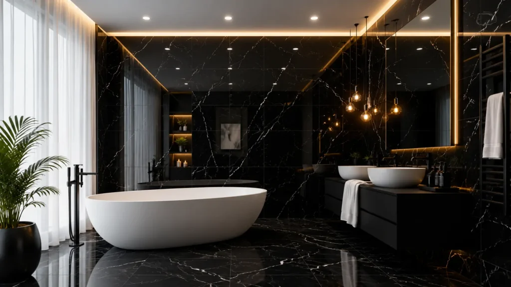 Modern luxury bathroom remodel featuring polished black marble walls and floor, white freestanding oval tub, double floating vanity, and drop pendant lighting.