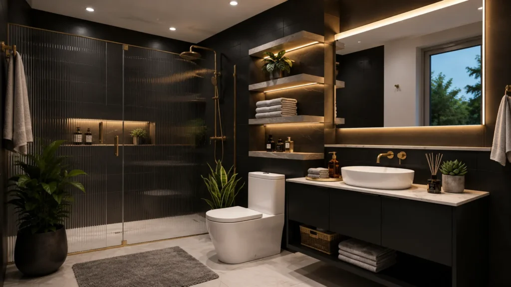 Contemporary bathroom remodel featuring a fluted glass walk-in shower, floating black vanity, backlit recessed stone shelving, and gold hardware.