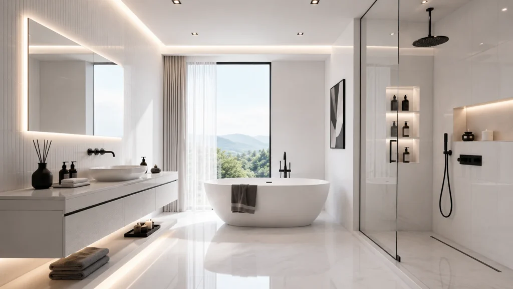 Bright white open-concept bathroom remodel with frameless glass walk-in shower, white freestanding tub, floating long vanity, illuminated mirror, and scenic mountain view.