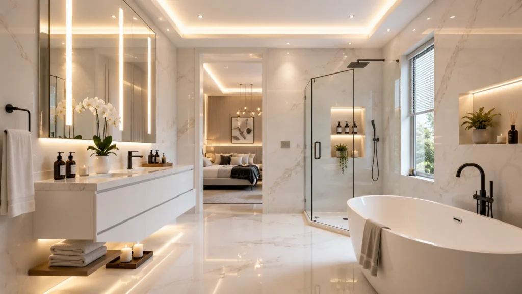 Master bedroom open-concept bathroom remodel featuring Calacatta marble, dual LED light bar vanity mirror, corner glass shower, and freestanding oval bathtub.