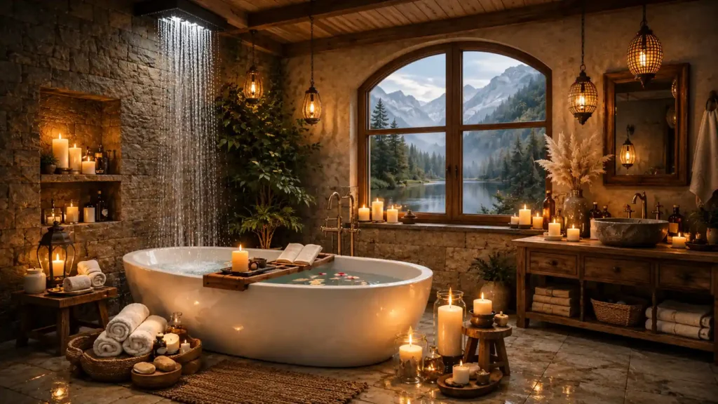 Rustic luxury alpine bathroom remodel featuring stacked stone walls, ceiling-integrated cascade shower over freestanding tub, rustic wooden vanity, and ambient candle light.