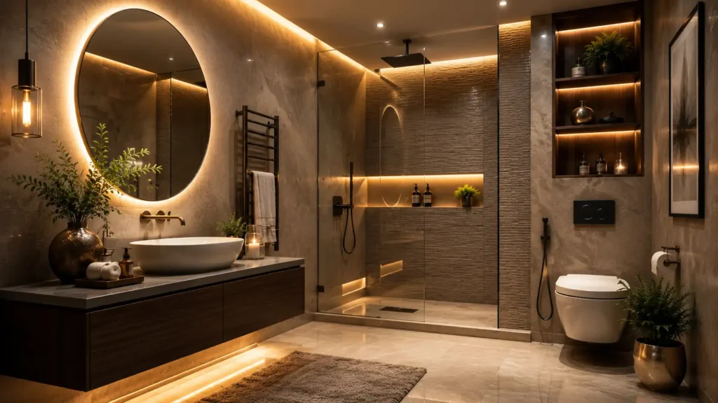 Luxury spa bathroom remodel with warm taupe travertine walls, round backlit LED mirror, dark floating vanity, walk-in stone shower, and floating toilet.