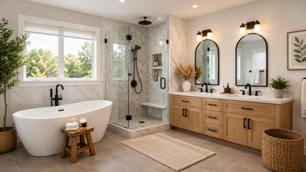 Modern farmhouse bathroom remodel with natural oak double vanity, matte black arched mirrors, marble herringbone shower tile, and freestanding tub.