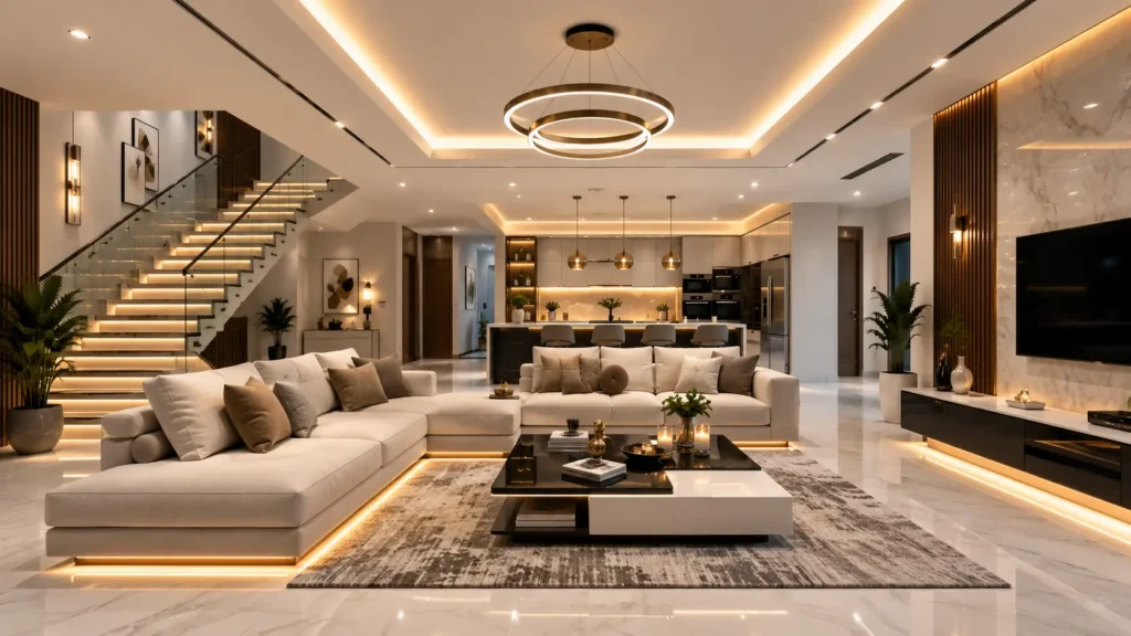 Warm open plan luxury living spaces featuring LED sofa base lighting and floating staircase