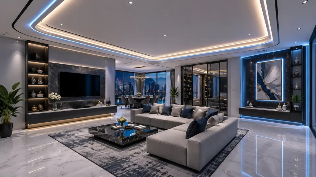 Futuristic luxury living spaces featuring dark marble media walls and blue LED ceiling lighting