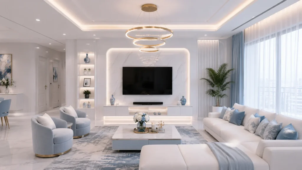 Light filled pastel blue and white living spaces with gold halo chandelier lighting