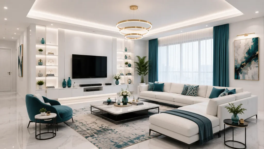Contemporary luxury living spaces featuring deep teal curtains and illuminated built in shelving