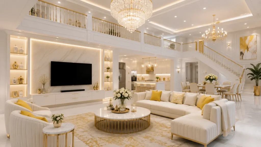 Double height luxury living spaces with grand crystal chandelier and golden mezzanine railing