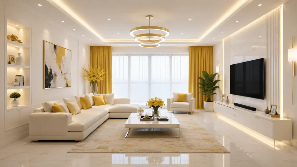 Warm minimalist living spaces styled with floor to ceiling yellow drapes and circular ring lights