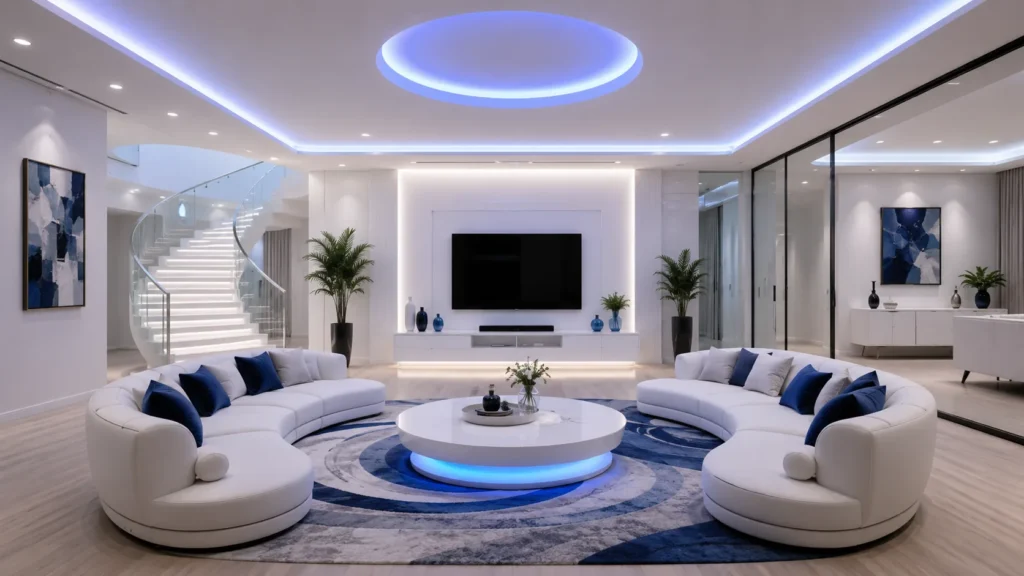 Futuristic circular luxury living spaces with curved white sofas and sapphire blue ceiling light