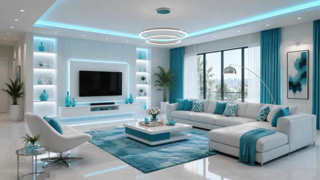 Vibrant turquoise and white living spaces with floating media unit and teal ambient LEDs