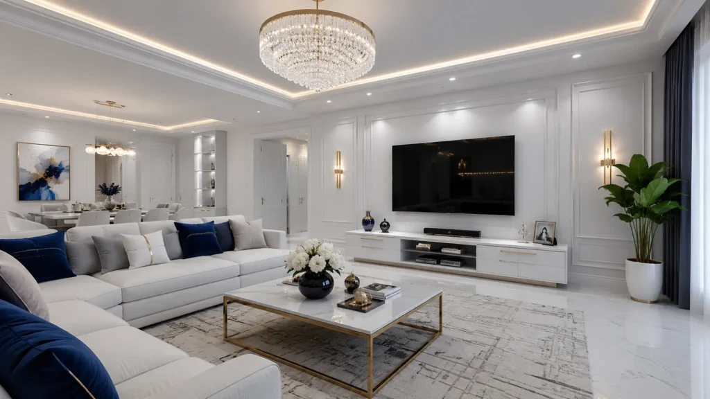 Classic white luxury living spaces with royal blue cushions, crystal chandelier, and gold framed marble table