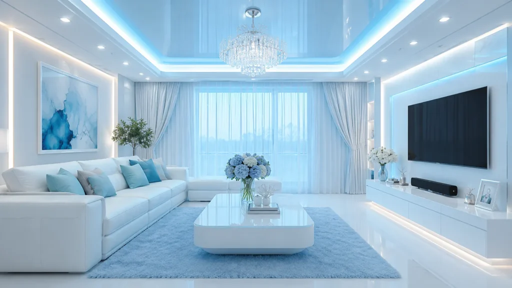 Ultra modern ice blue living spaces featuring high gloss ceiling and cyan LED cove lighting