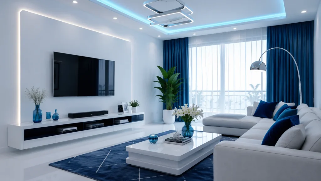 Contemporary living spaces with blue perimeter LED media wall and dark sapphire geometric rug