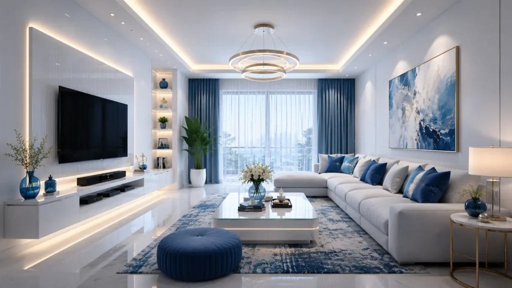 Spacious living spaces featuring warm LED ceiling coves, blue tufted ottoman, and large marble coffee table